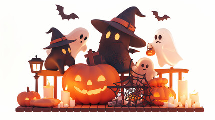 Halloween creature, 3D vector style cartoon characters of cute ghosts, bats and spider webs in different poses