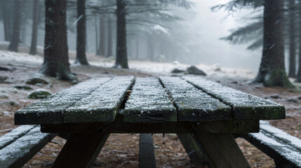 A wooden picnic table covered in snow, perfect for winter scenes or outdoor activities