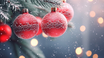 Red ornaments hang from a decorated Christmas tree