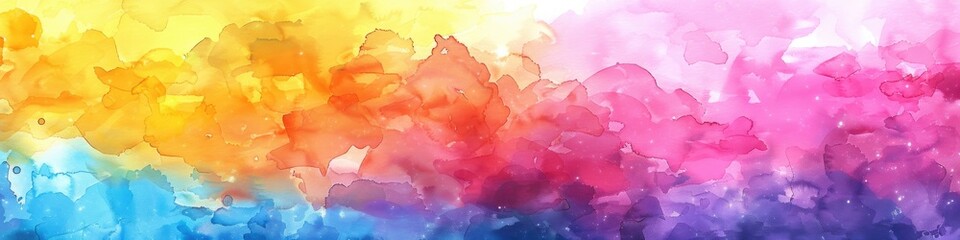 Obraz premium Colorful Watercolor Background: Abstract Sunset Sky with Puffy Clouds in Rainbow Colors