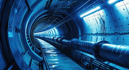 Communication Lines in Blue Industrial Service Tunnel with Energy and Power Supply