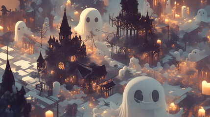 Halloween creature, 2D style cartoon characters of cute ghosts in town