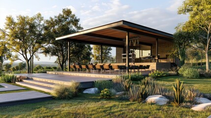 Modern ranch with an outdoor music pavilion, featuring a stage for performances and seating for an audience