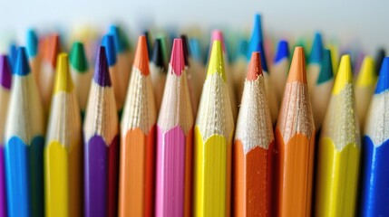 Fototapeta premium Vibrant pencils for classroom art education with kids colorful stationary on white backdrop promoting unity and diversity