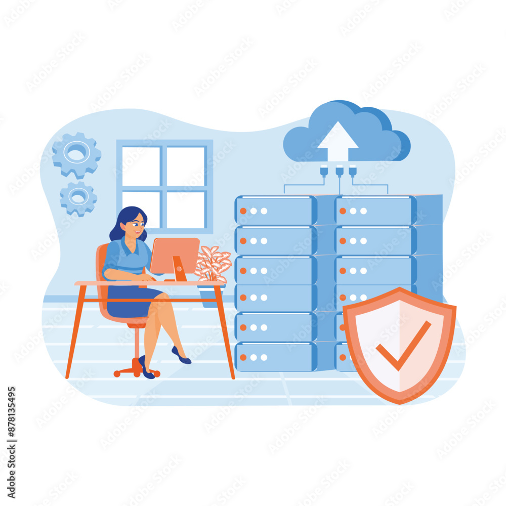 Wall mural woman working at the computer. connected data storage technology in server racks. server maintenance