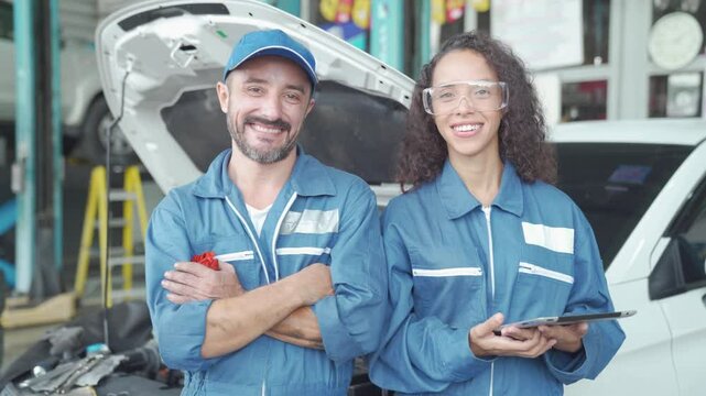Car mechanic with wrench in auto repair service. Mechanic wearing uniform showing spanner in car service center.