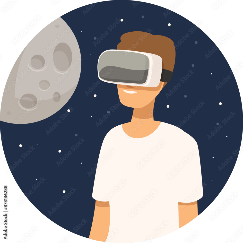 Poster man is wearing virtual reality headset and exploring metaverse with moon background
