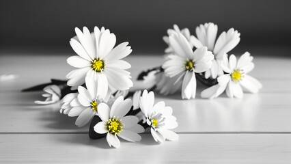 Obraz premium a bunch of white flowers on a wooden table