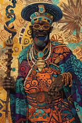 Fototapeta premium Eshu, the Yoruba trickster and messenger god is portrayed with a mischievous smile and expressive eyes. The mighty and just gods of the African tribes