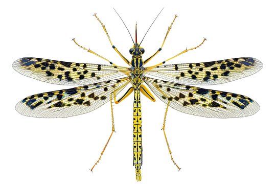 Detailed illustration of a colorful male dobsonfly insect with patterned wings