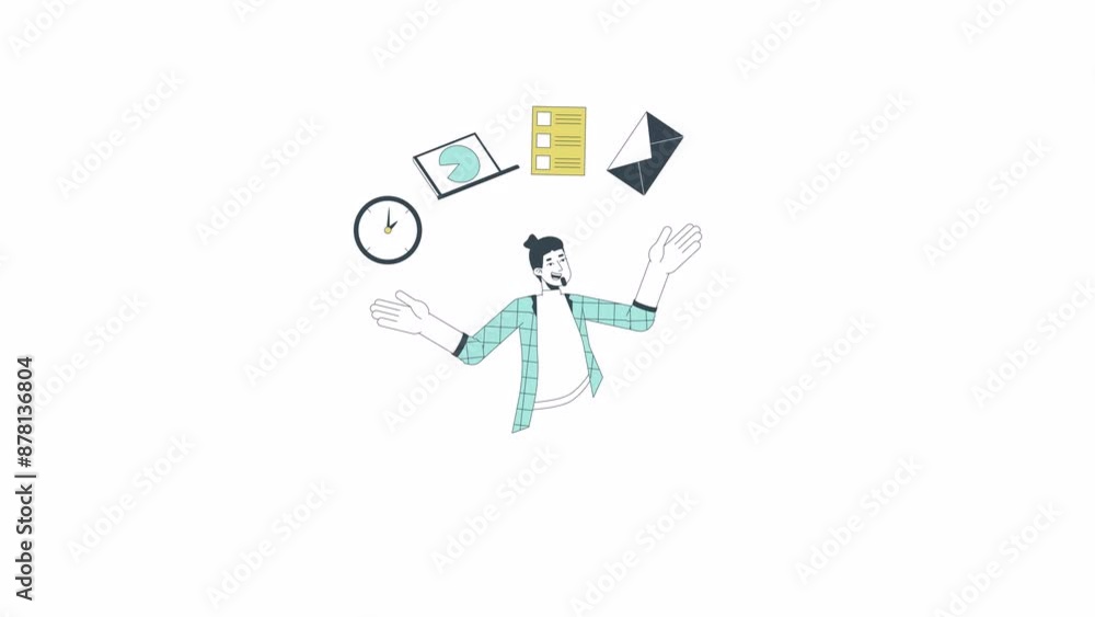 Poster happy caucasian man handling with multiple tasks line 2d character animation. productive employee fl