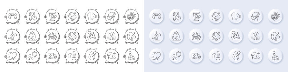 Shield, High thermometer and Social distancing line icons. White pin 3d buttons, chat bubbles icons. Pack of Face id, Disability, Manganese mineral icon. Vector