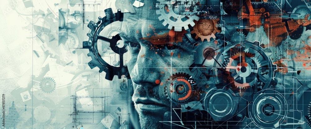 Poster the image shows a person with a gear-like structure on their head. the person is looking at the view