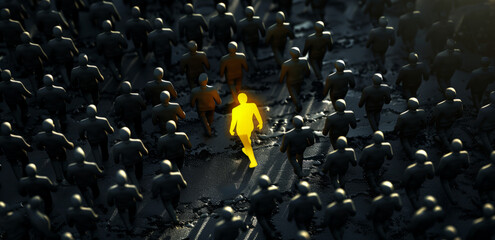 Fototapeta premium person figure through in crowd, black background with gray people figures,