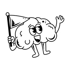 A happy brain holding a flag, sketchy icon