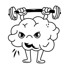 Strong brain lifting a dumbbell, doodle icon 