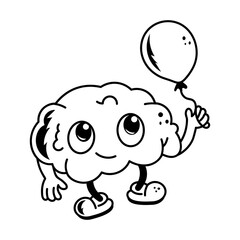 A hand drawn style icon of cute brain with a balloon