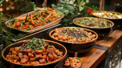 Fototapeta premium Ethnic cuisine offers delicious dishes with rich flavors, showcasing unique cultural heritage globally.