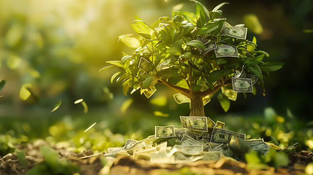 Money tree with dollars instead of leaves, Cash grows on money tree, Investment, Financial literacy and savings