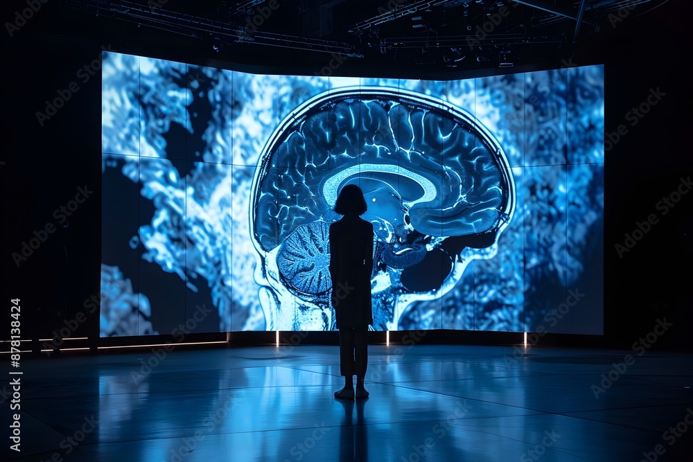 Poster rotating 3d brain x ray visualization on immersive digital screen