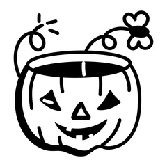 Empty halloween basket with engraved face, doodle icon 