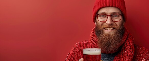 A man with a red knit hat and scarf smiles at the camera while holding a glass of beer in front of a red background