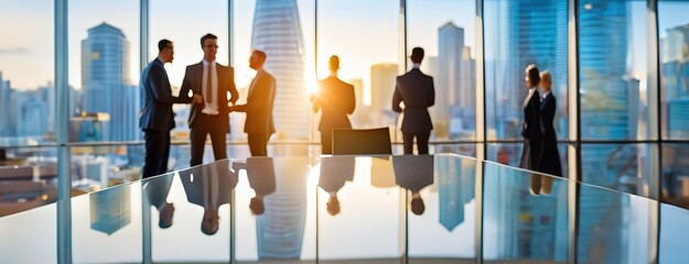 Businesspeople in office with a city skyline visible through large windows, representing corporate collaboration and professional agreements in a modern business setting.