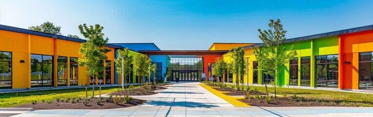 Bright Welcoming School Building in Sunlight