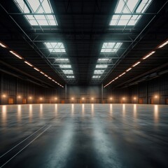 Obraz premium An empty city warehouse with a rectangular shape, composite material flooring, metal fixtures, symmetrical layout, tints and shades coming from the ceiling lights and windows
