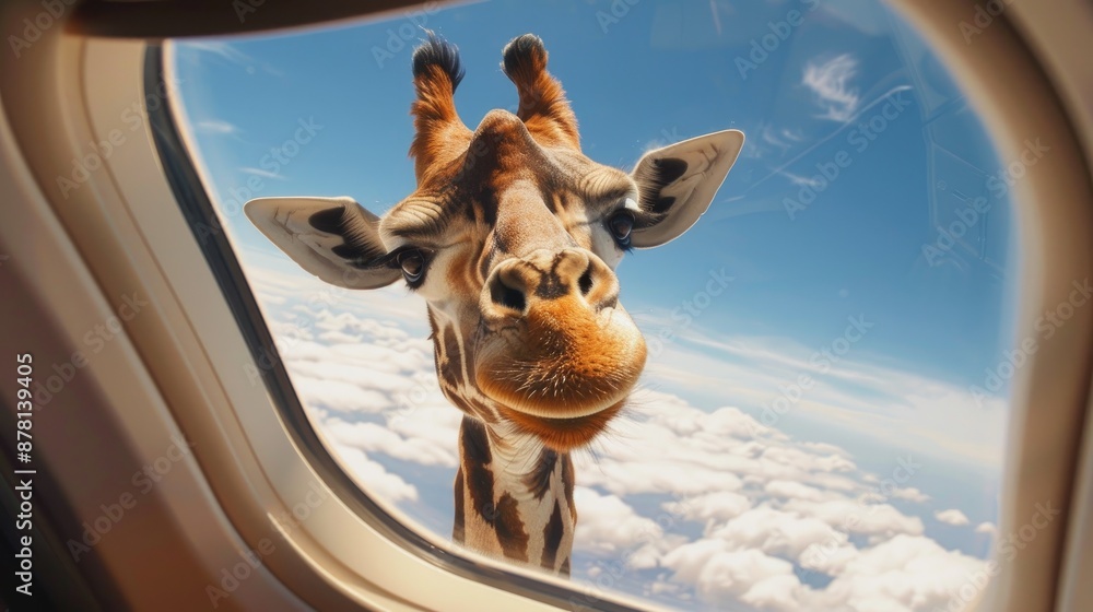 Canvas Prints Giraffe Peeking into Airplane Window