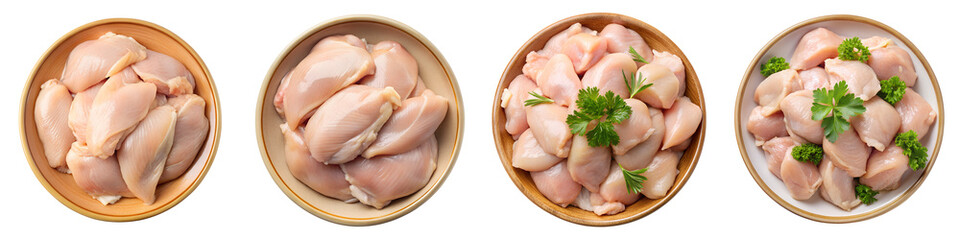Raw chicken meat in a round plate top view isolated on transparent background PNG file