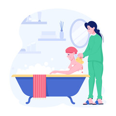 Nurse helping with elderly bath, flat style illustration 