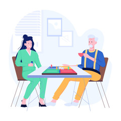 Young woman playing ludo with elderly man, flat illustration 