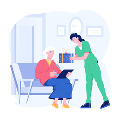 Nurse giving gift to elderly lady, flat illustration 