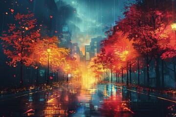 Fototapeta premium An evocative illustration of a rainy city street at night, with glowing street lights and vibrant autumn trees, capturing a reflective and serene urban atmosphere. Rainy, street, night.