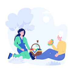 Nurse taking elderly to picnic, flat illustration 