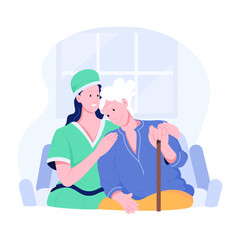 A flat character illustration of elderly citizen care 