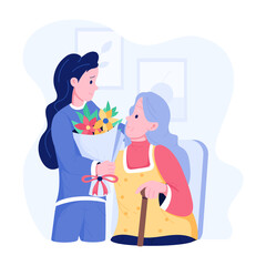 Nurse giving flowers to elderly lady, flat illustration