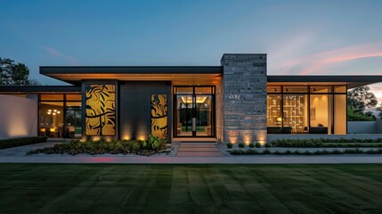 Modern ranch with a facade that features a dynamic lighting system capable of displaying various artistic patterns