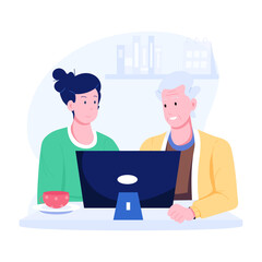 Elderly woman using computer with nurse, flat illustration 