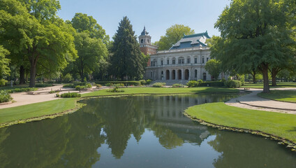 Obraz premium The image shows a large building with a pond in front of it. The building has a tall tower and is surrounded by trees and green grass.
