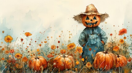 Naklejka premium Watercolor painting of a pumpkin patch with scarecrow, copy space banner, vintage background 