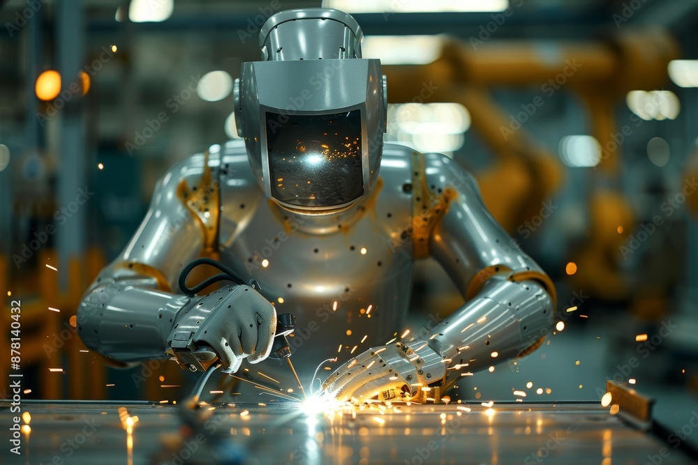 Poster an industrial robot arm welding a metal sheet with precision and efficiency. sparks fly as the robot