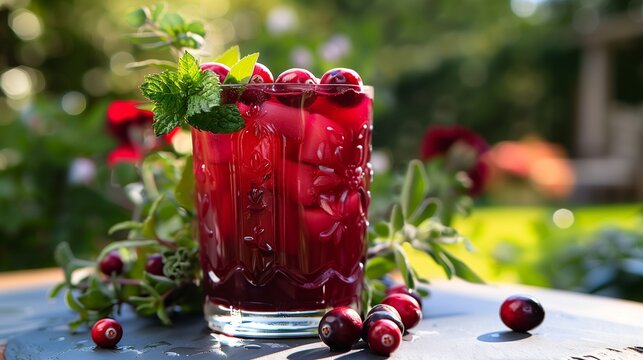 /imagine A glass of vibrant cranberry juice, garnished with a few cranberries and a mint leaf, set against a backdrop of a summer garden.