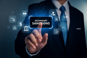 Punishment imposed on parties who disobey, Hand of man pointing to SANCTIONS, Economic sanctions.