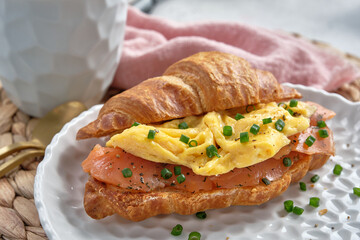A croissant sandwich with ham and cheese on a white plate