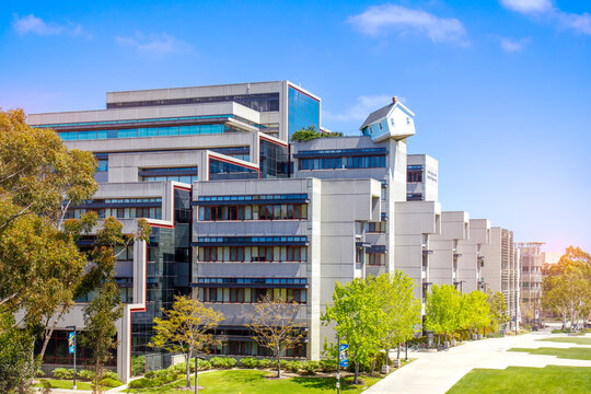 La Jolla, CA, USA - April 3, 2017: The "Fallen Star" sculpture by Do Ho Suh atop Jacobs Hall at UC San Diego, combining unique architecture and contemporary art.