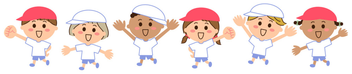 体操服を着て元気な6人の多国籍の子供たち