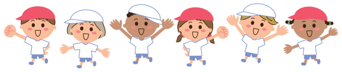 体操服を着て元気な6人の多国籍の子供たち