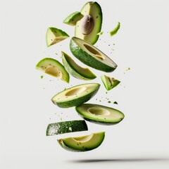 Fresh green avocado slices falling down on white background.